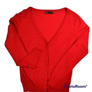Zara Wool Blend Cardigan Sweater Vneck Buttons Red Womens L EUC